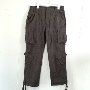 Must Way Cargo Pants Womens 16 Military Pockets Brown Grey Elastic Waistband